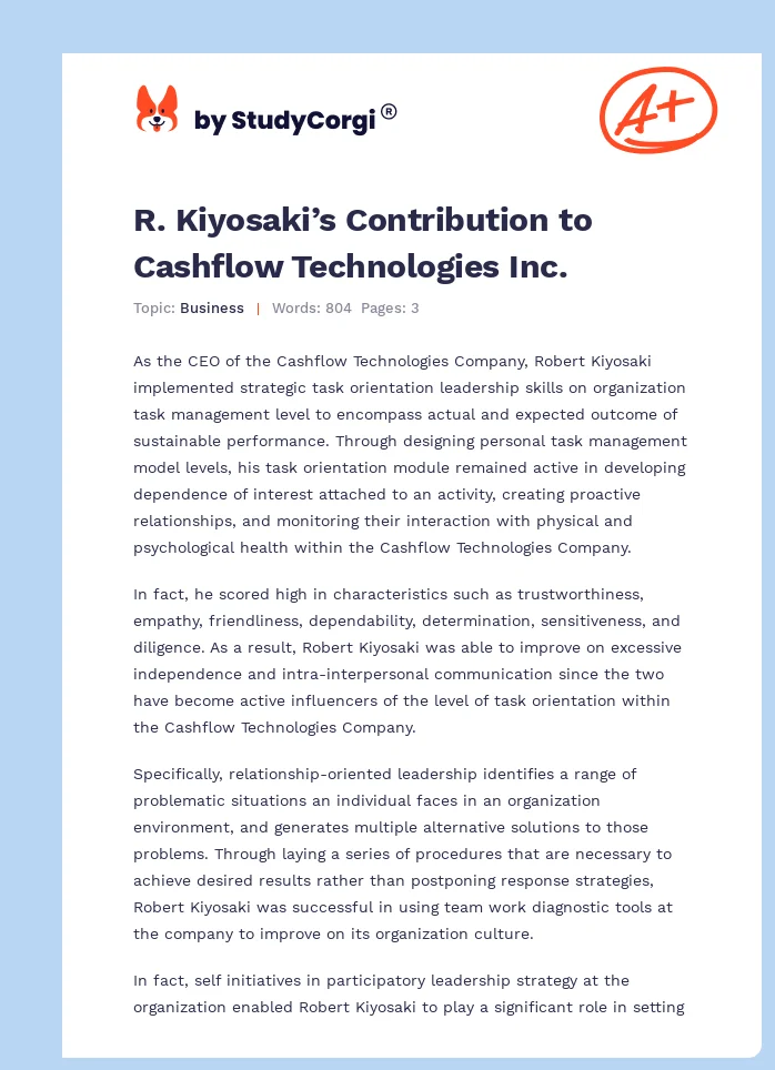 R. Kiyosaki’s Contribution to Cashflow Technologies Inc.. Page 1