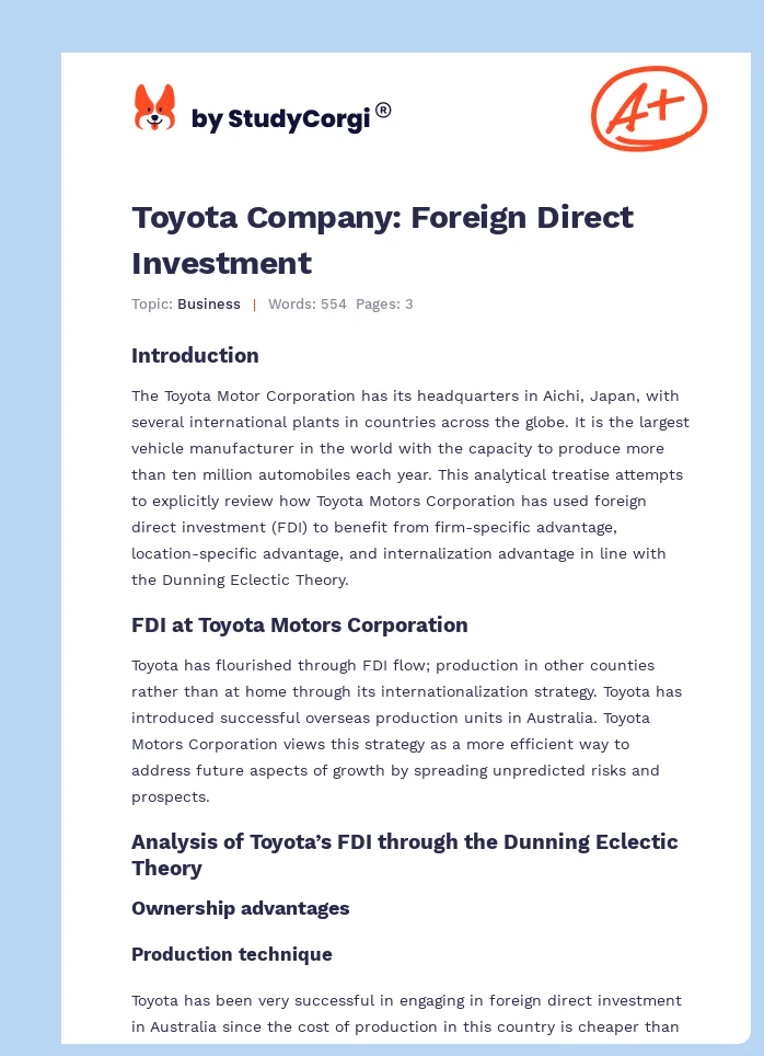 Toyota Company: Foreign Direct Investment. Page 1
