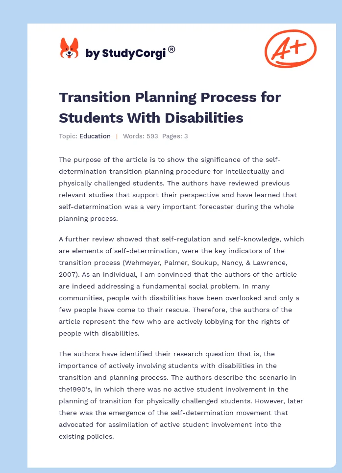 Transition Planning Process for Students With Disabilities. Page 1