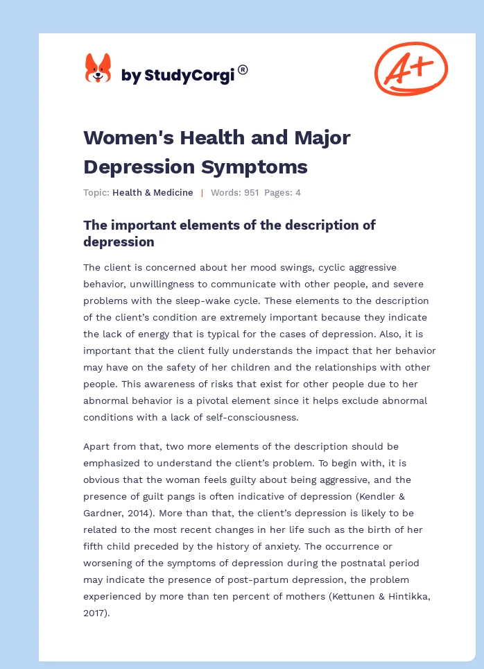 Women's Health and Major Depression Symptoms. Page 1