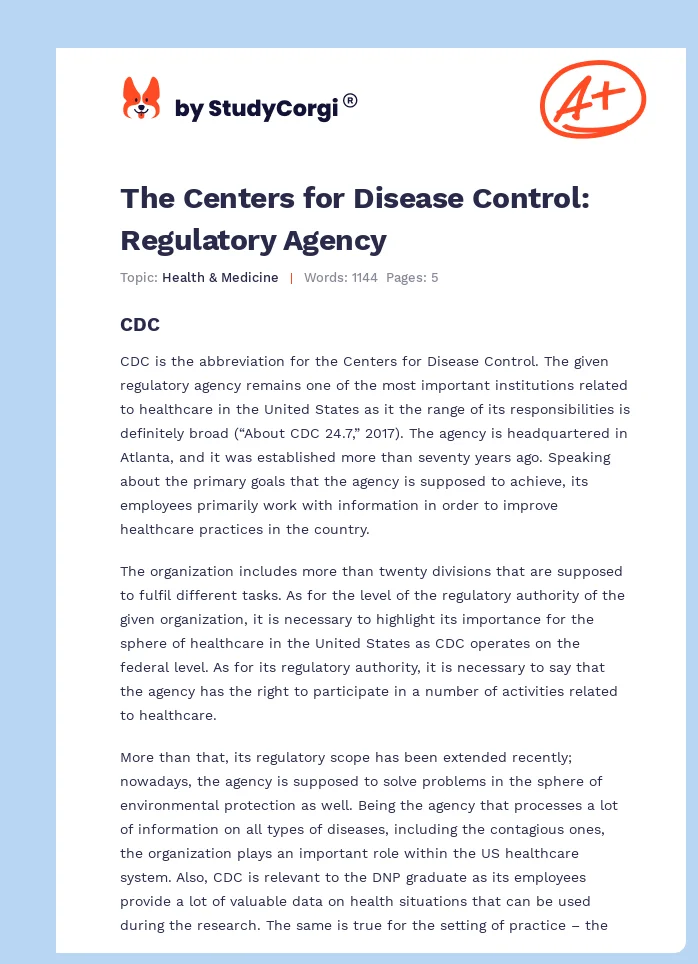 The Centers for Disease Control: Regulatory Agency. Page 1