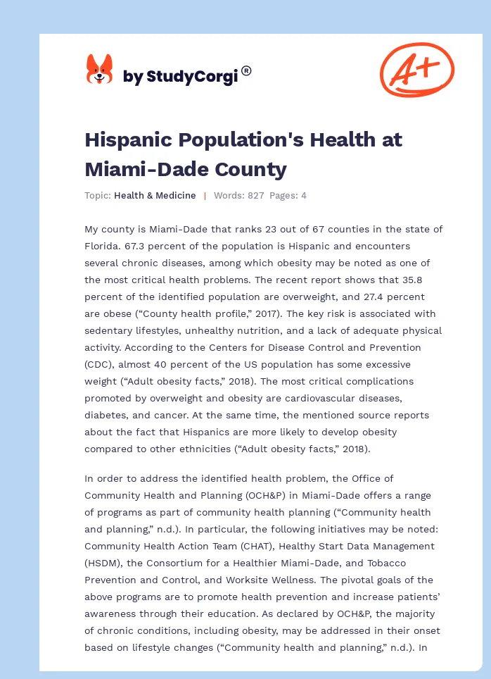 Hispanic Population's Health at Miami-Dade County. Page 1