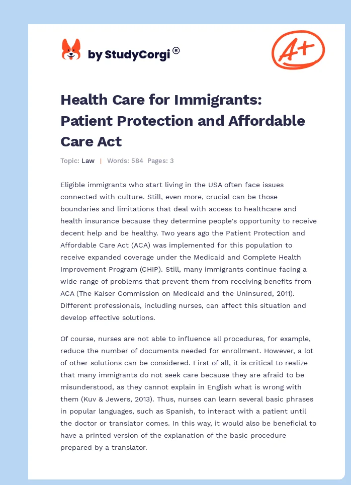 Health Care for Immigrants: Patient Protection and Affordable Care Act. Page 1