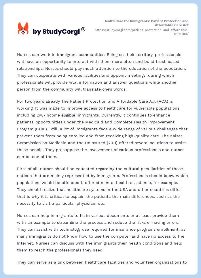 Health Care for Immigrants: Patient Protection and Affordable Care Act. Page 2