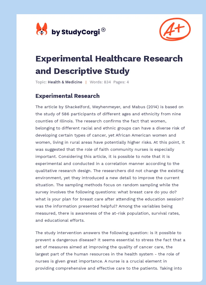 Experimental Healthcare Research and Descriptive Study. Page 1