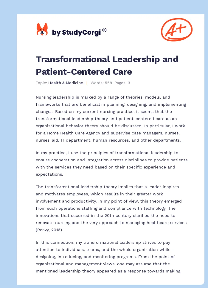 Transformational Leadership and Patient-Centered Care. Page 1