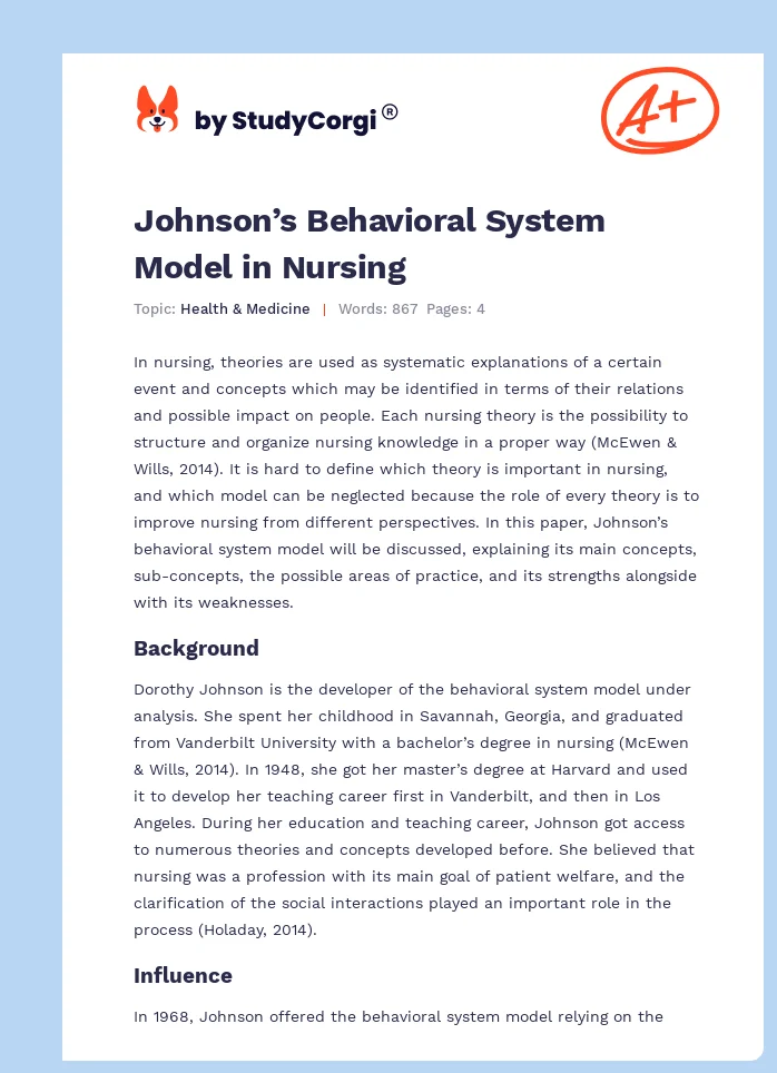 Johnson’s Behavioral System Model in Nursing. Page 1