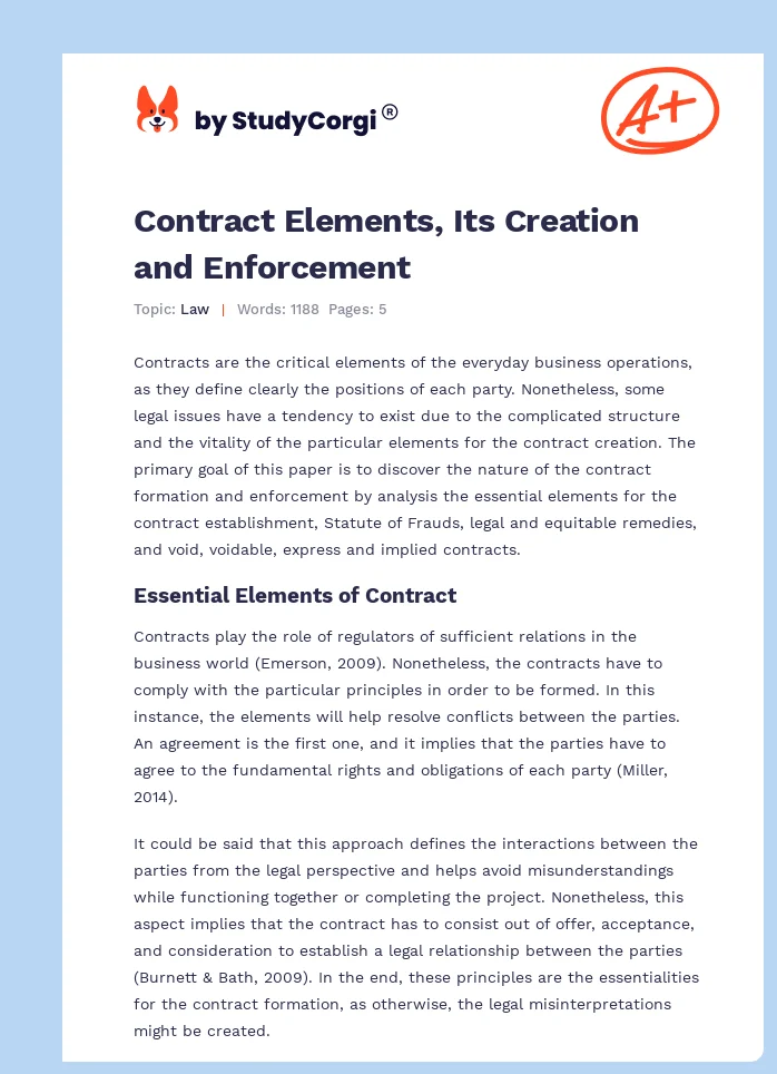 Contract Elements, Its Creation and Enforcement. Page 1