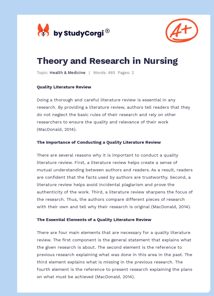 Theory and Research in Nursing. Page 1