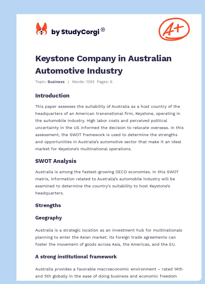 Keystone Company in Australian Automotive Industry. Page 1