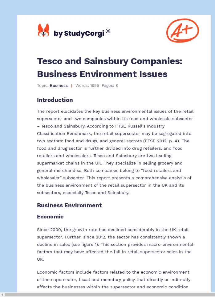 Tesco and Sainsbury Companies: Business Environment Issues. Page 1