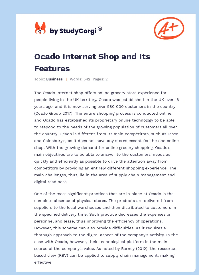 Ocado Internet Shop and Its Features. Page 1