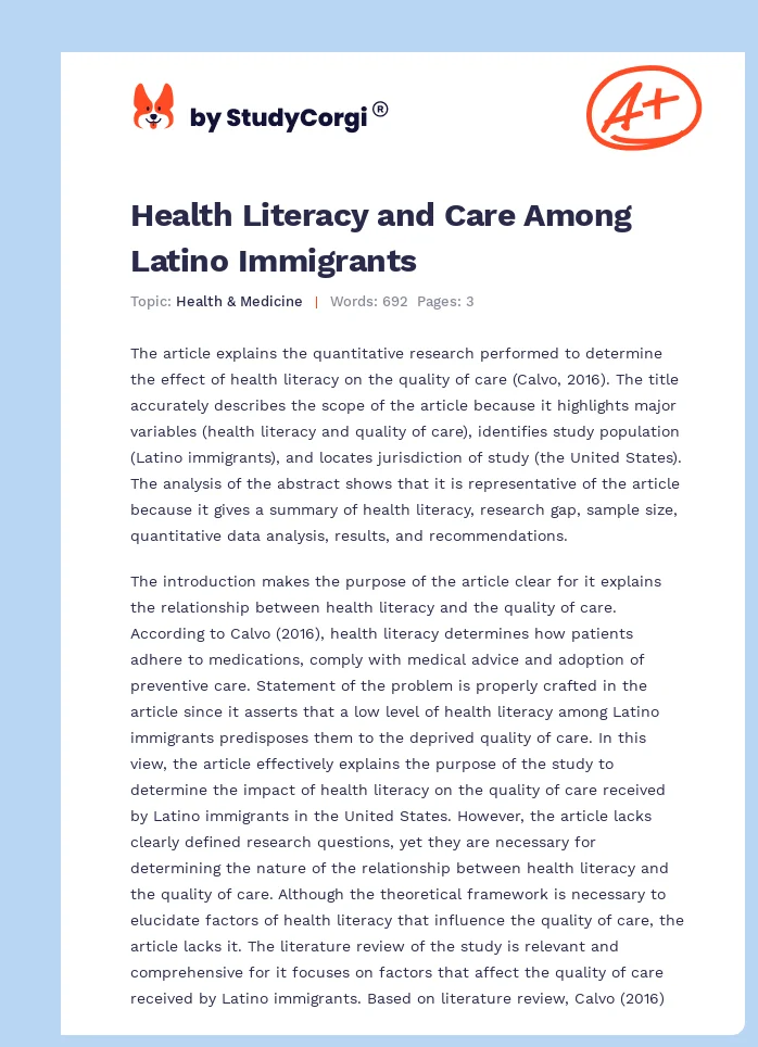 Health Literacy and Care Among Latino Immigrants. Page 1