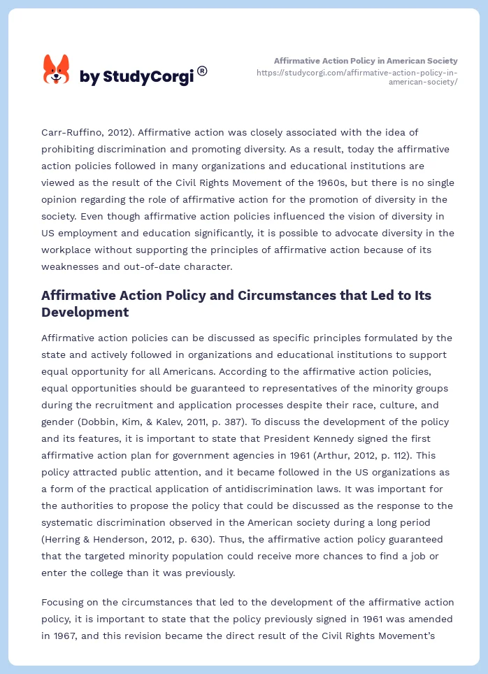 Affirmative Action Policy in American Society. Page 2