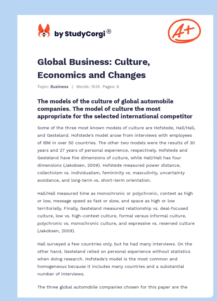 Global Business: Culture, Economics and Changes. Page 1