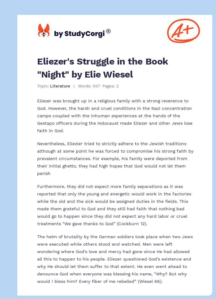 Eliezer's Struggle in the Book "Night" by Elie Wiesel. Page 1
