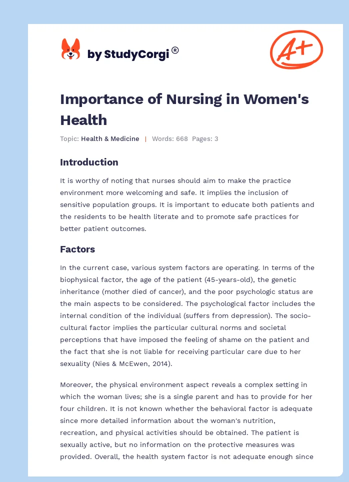 Importance of Nursing in Women's Health. Page 1