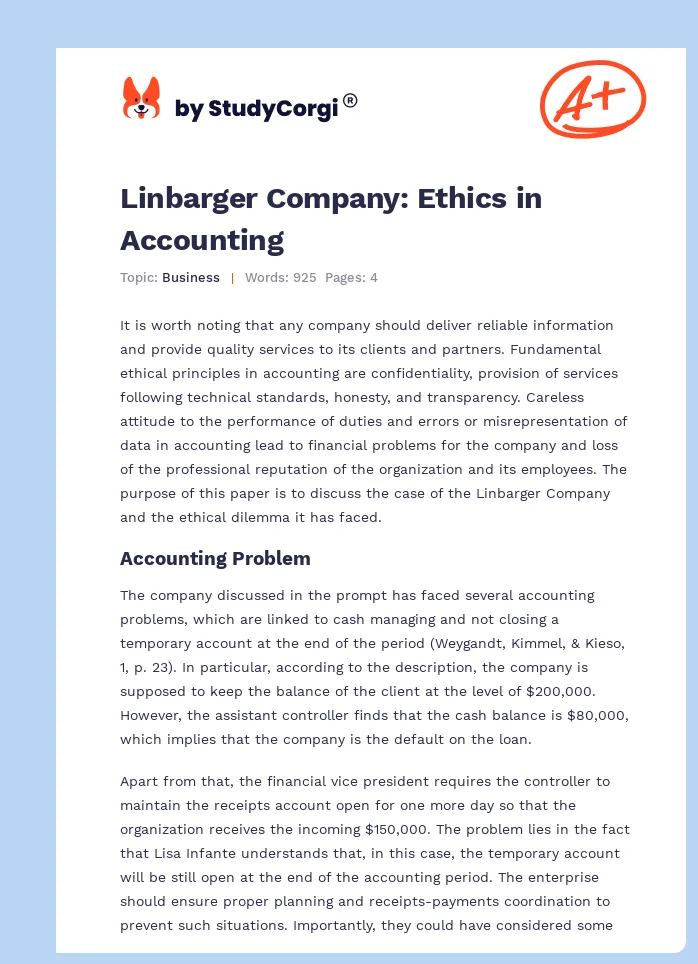 Linbarger Company: Ethics in Accounting. Page 1