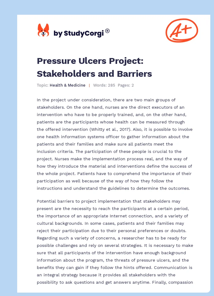 Pressure Ulcers Project: Stakeholders and Barriers. Page 1
