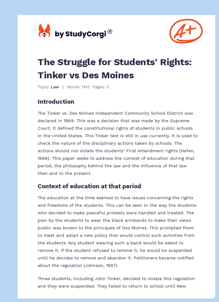 The Struggle for Students' Rights: Tinker vs Des Moines. Page 1
