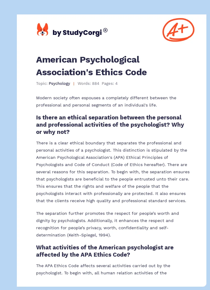 American Psychological Association's Ethics Code. Page 1