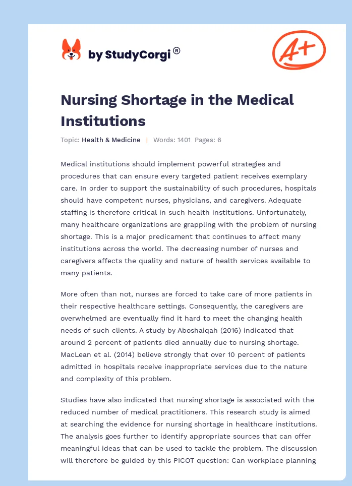 Nursing Shortage in the Medical Institutions. Page 1