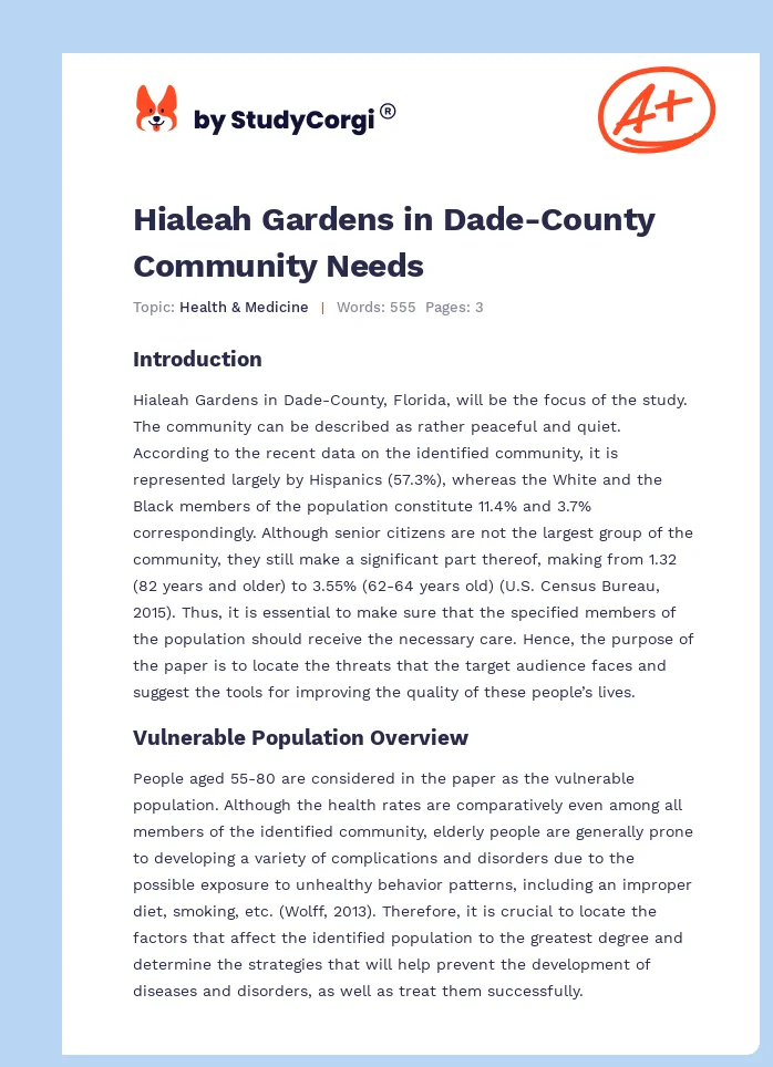 Hialeah Gardens in Dade-County Community Needs. Page 1