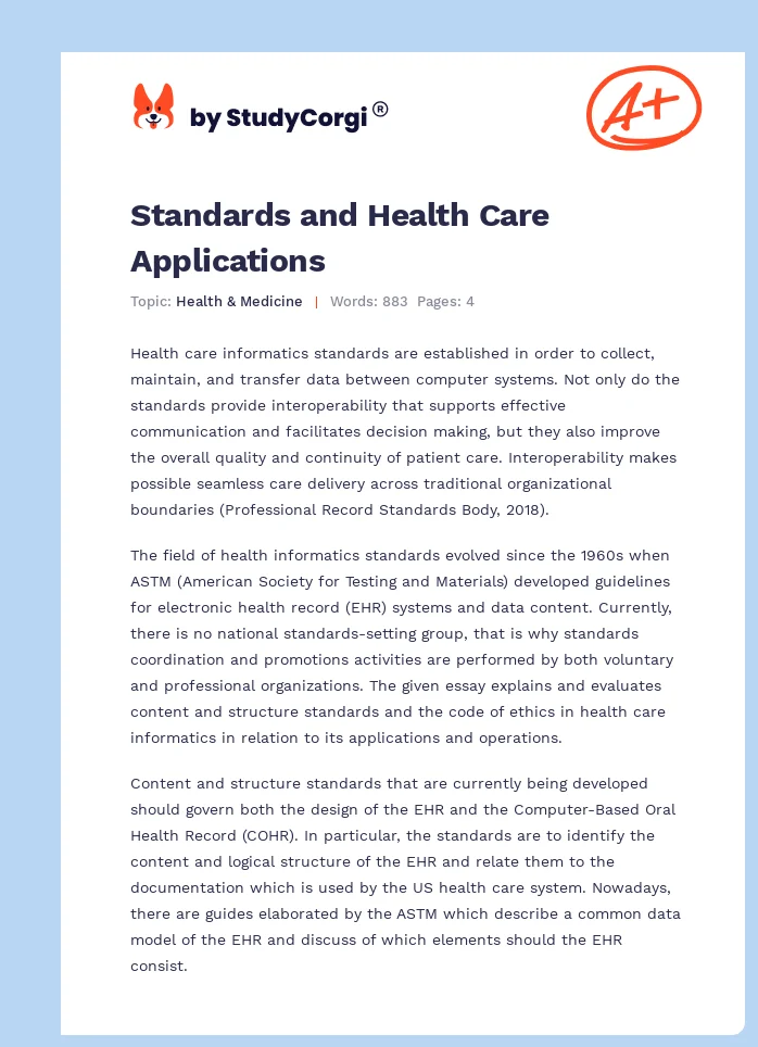 Standards and Health Care Applications. Page 1