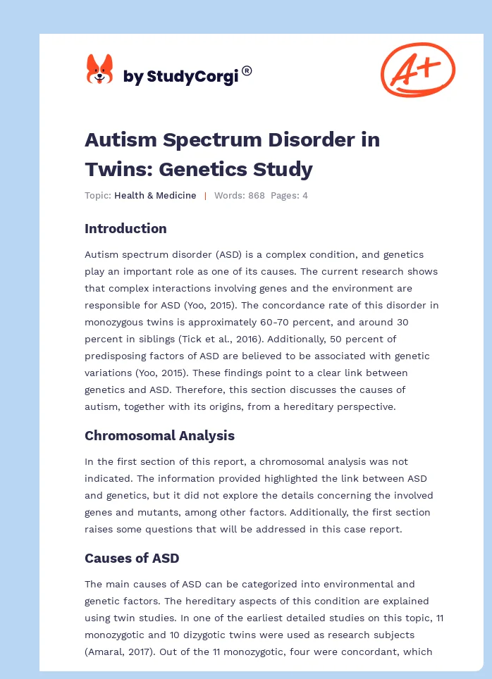 Autism Spectrum Disorder in Twins: Genetics Study. Page 1