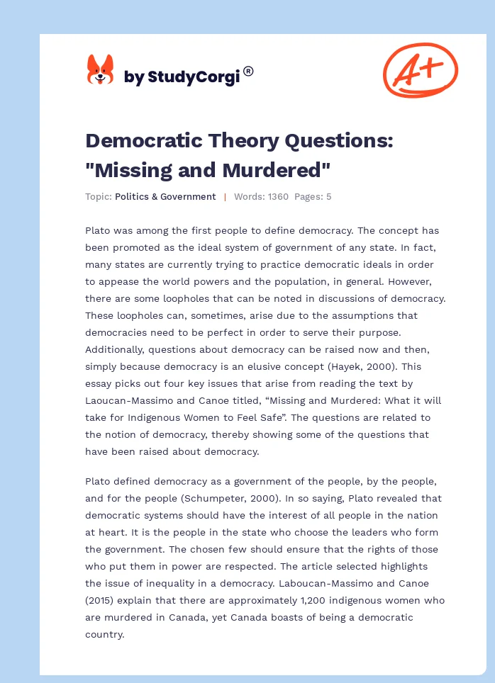 Democratic Theory Questions: "Missing and Murdered". Page 1