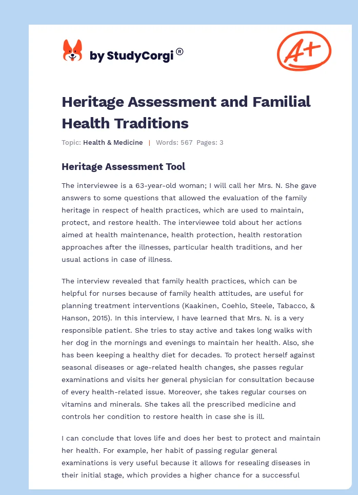 Heritage Assessment and Familial Health Traditions. Page 1