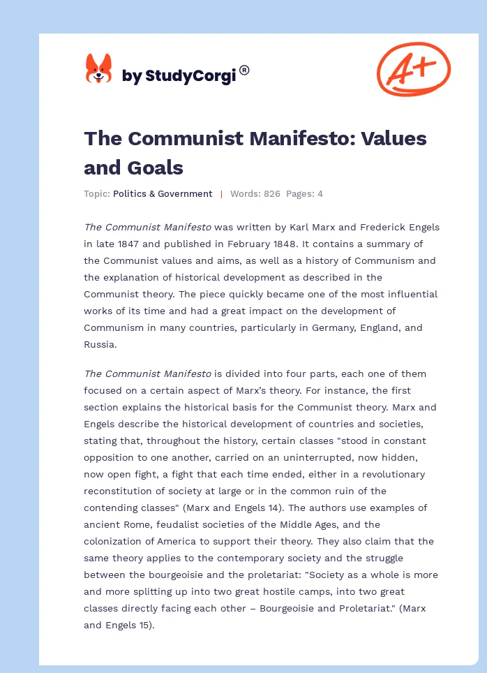 The Communist Manifesto: Values and Goals. Page 1