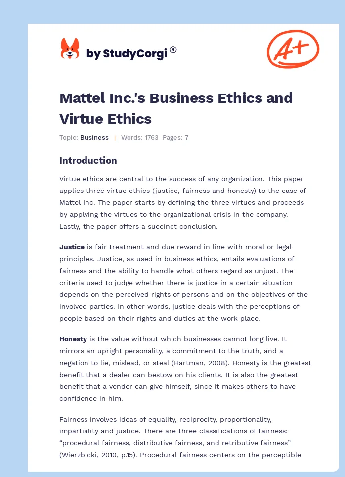 Mattel Inc.'s Business Ethics and Virtue Ethics. Page 1