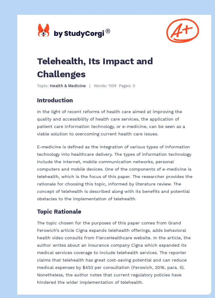 Telehealth, Its Impact and Challenges. Page 1