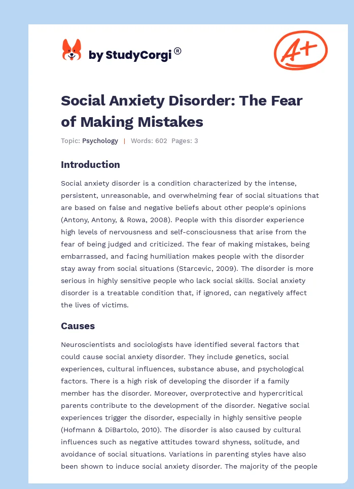 Social Anxiety Disorder: The Fear of Making Mistakes. Page 1