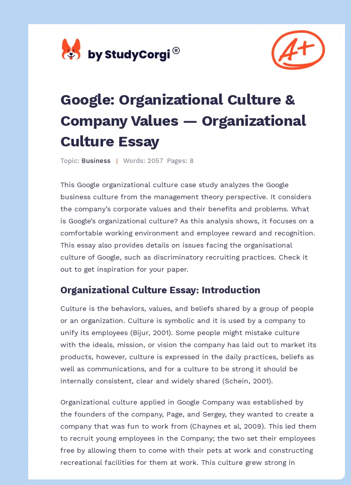 Google: Organizational Culture & Company Values — Organizational Culture Essay. Page 1