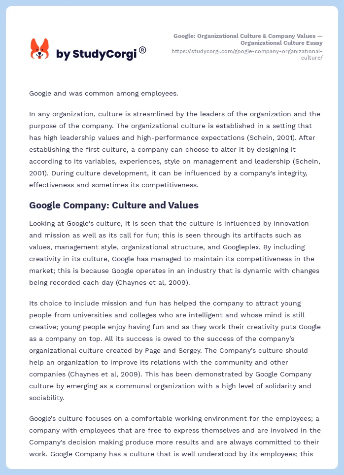 Google: Organizational Culture & Company Values — Organizational Culture Essay. Page 2