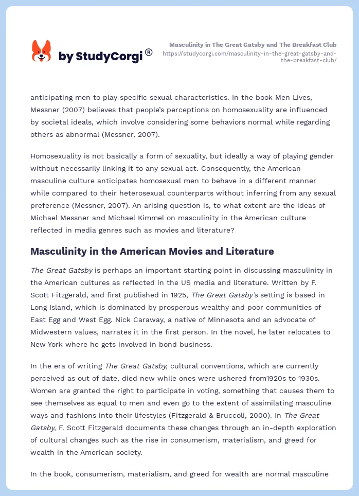 Masculinity in The Great Gatsby and The Breakfast Club. Page 2