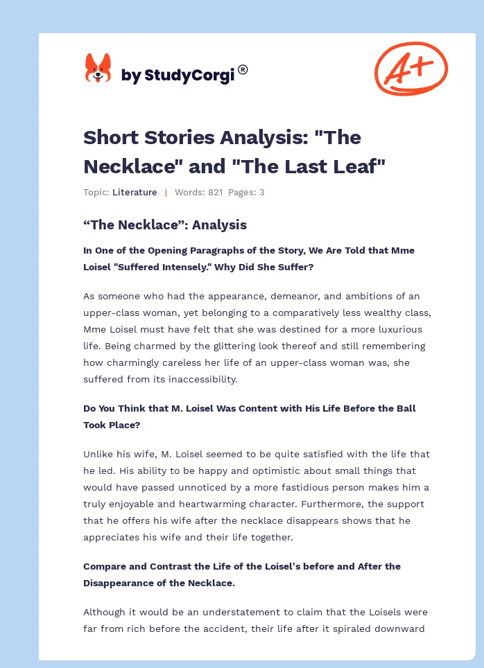 Short Stories Analysis: "The Necklace" and "The Last Leaf". Page 1