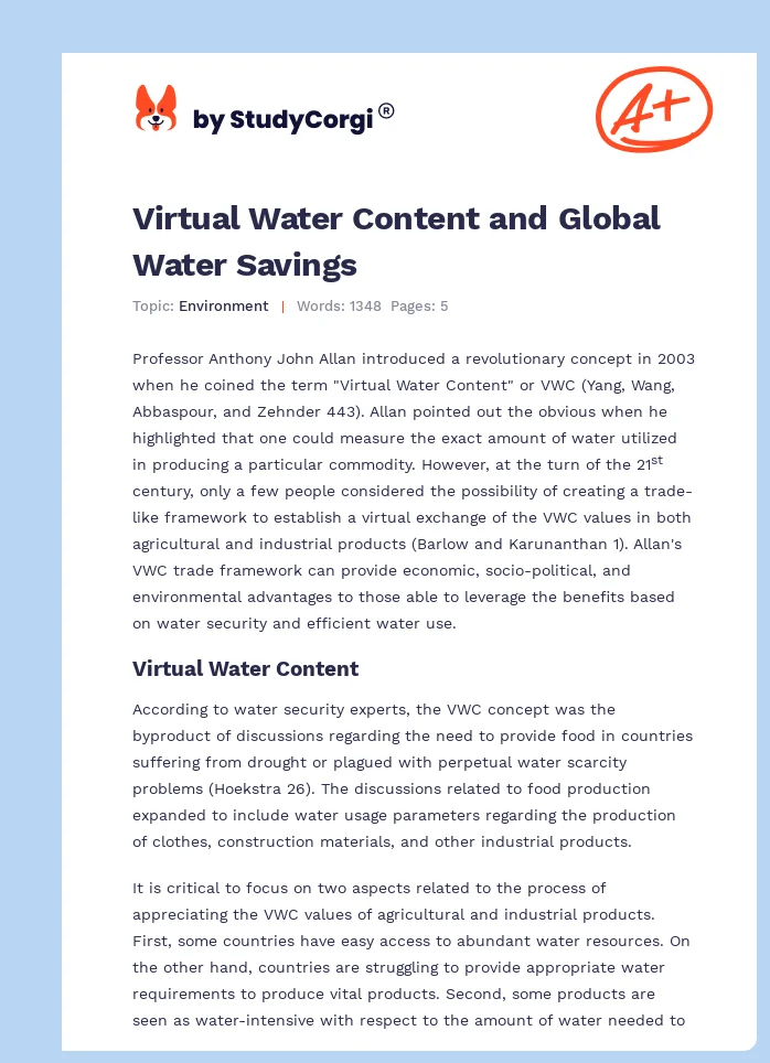 Virtual Water Content and Global Water Savings. Page 1
