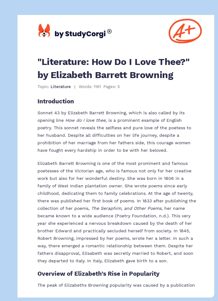 "Literature: How Do I Love Thee?" by Elizabeth Barrett Browning. Page 1