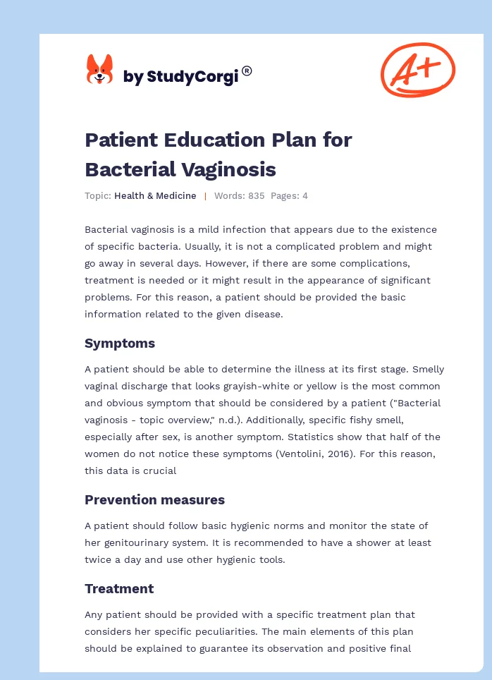 Patient Education Plan for Bacterial Vaginosis. Page 1