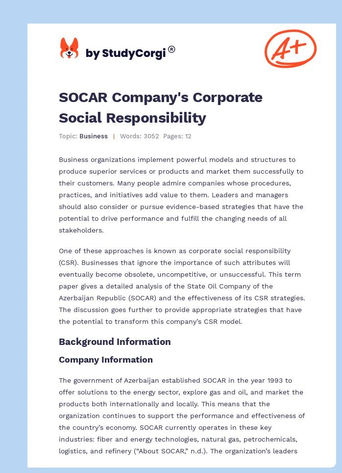 SOCAR Company's Corporate Social Responsibility. Page 1