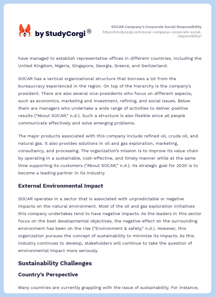 SOCAR Company's Corporate Social Responsibility. Page 2