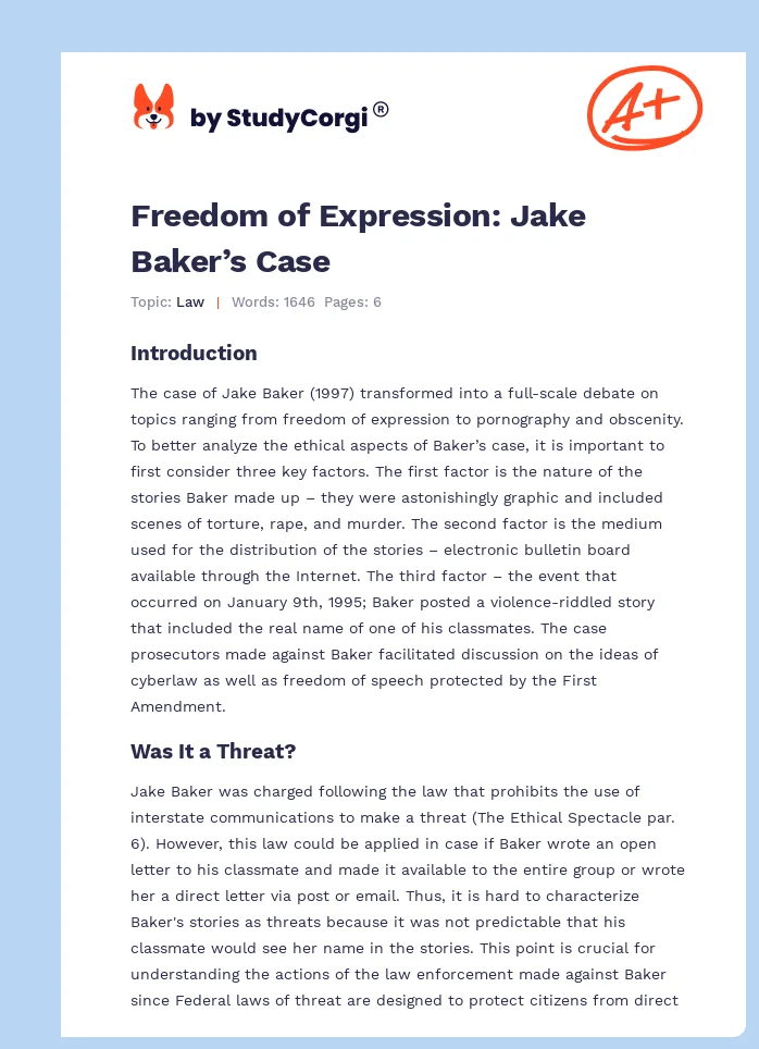 Freedom of Expression: Jake Baker’s Case. Page 1