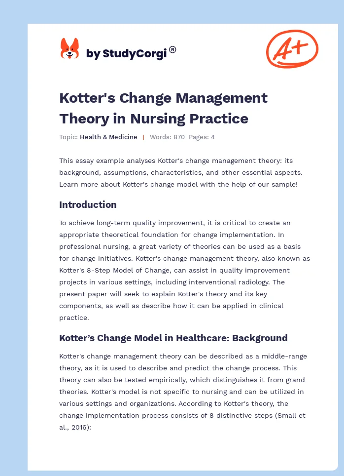 Kotter's Change Management Theory in Nursing Practice. Page 1