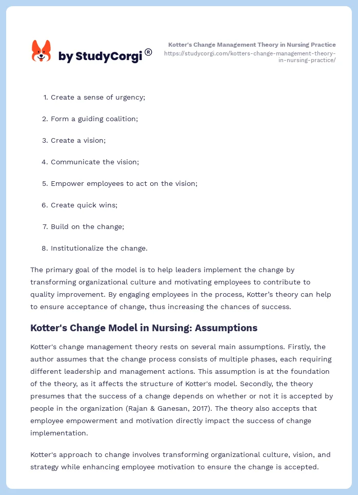 Kotter's Change Management Theory in Nursing Practice. Page 2
