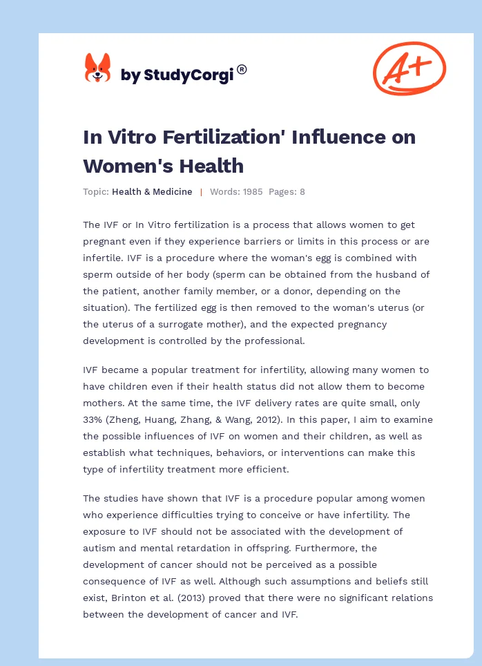 In Vitro Fertilization' Influence on Women's Health. Page 1