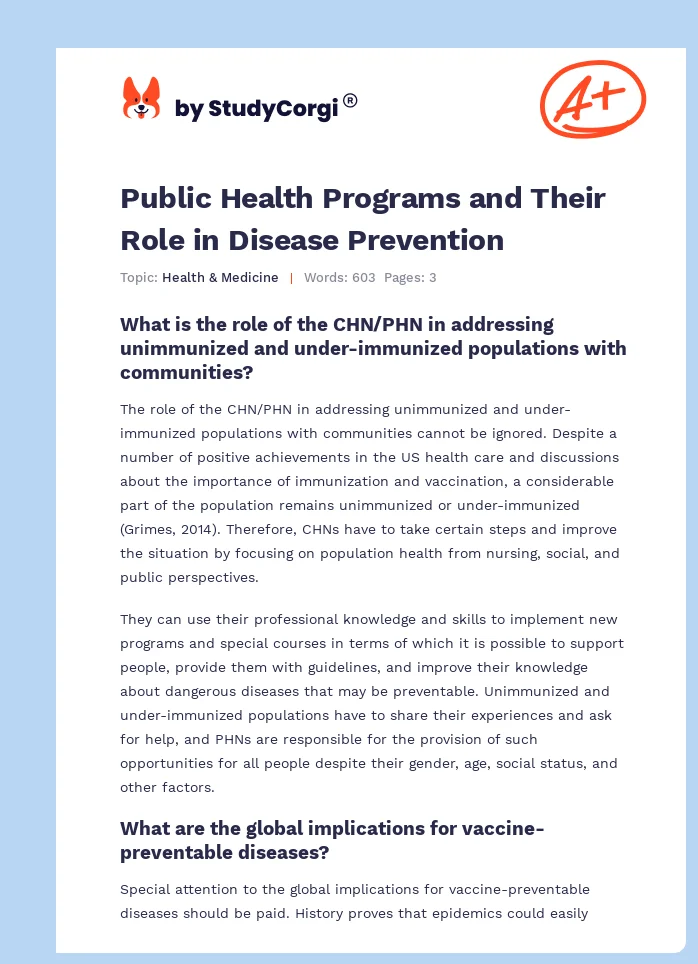 Public Health Programs and Their Role in Disease Prevention. Page 1