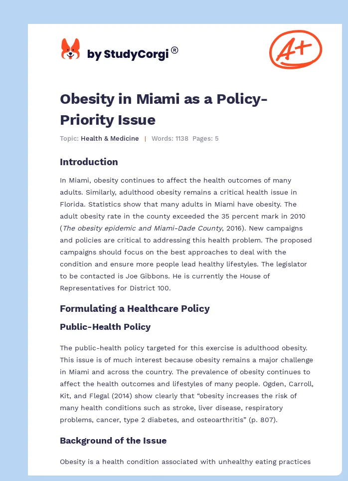 Obesity in Miami as a Policy-Priority Issue. Page 1